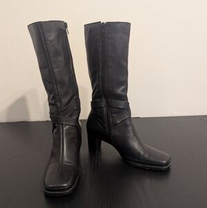 Aerosoles Black Leather Tall Boots Square Toe Block Heel Size 7B Made in Brazil